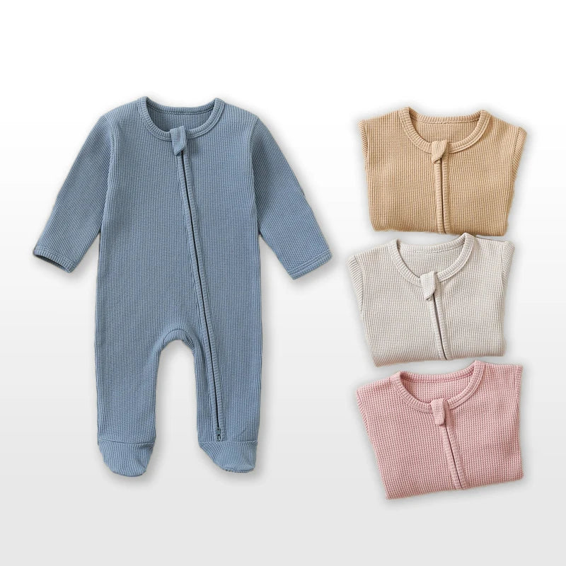 Long-Sleeve Organic Waffled Cotton Pajama Romper with Footies